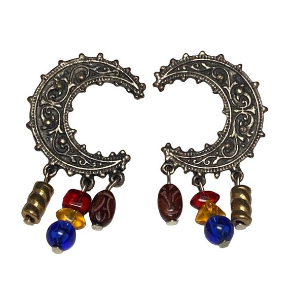 Legends Jewelry - Legends Crescent Moon Shape Silver Tone Metal Pierced Post Earrings with Dangles